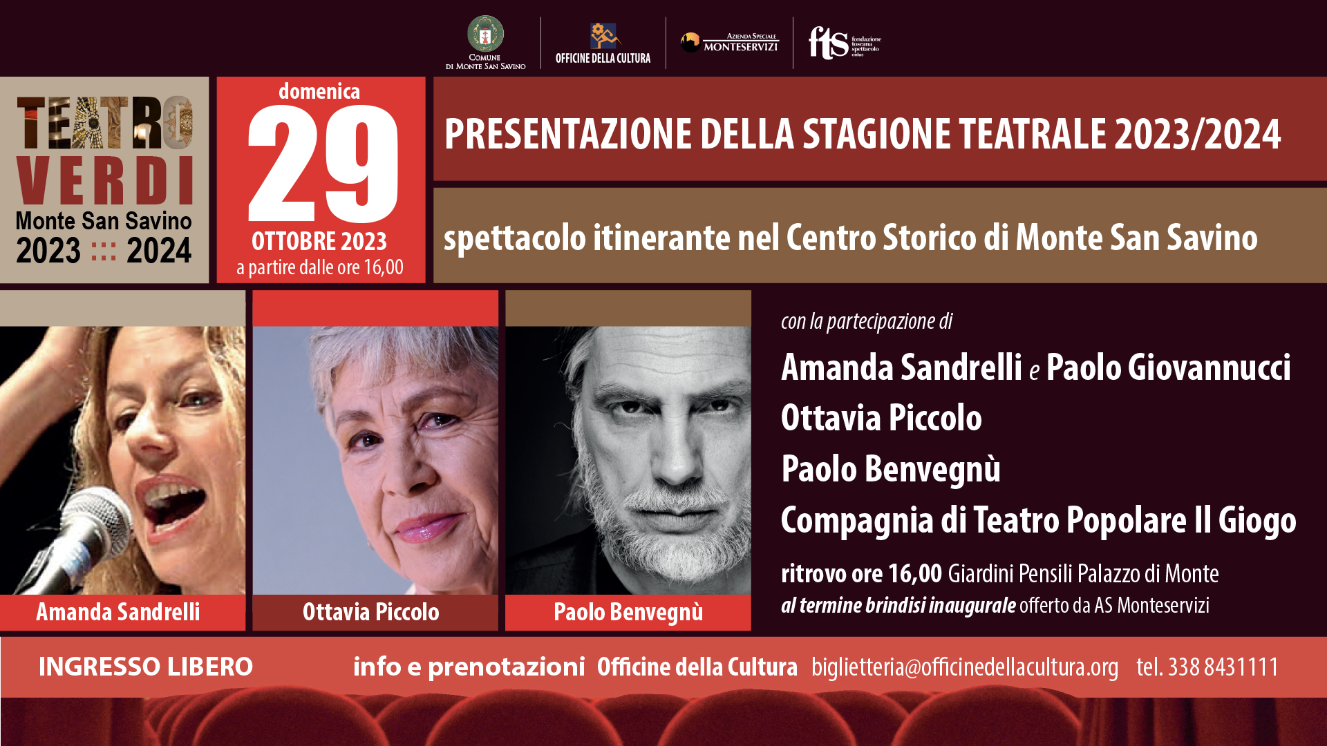 Amanda Sandrelli, Ottavia Piccolo e Paolo Benvegnù presentano la stagione del Teatro Verdi di Monte San Savino